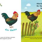 Links: "das Huhn", "das Ei", "der Hahn". Rechts: "Kikeriki! Der Hahn kräht laut. Das Huhn legt ein Ei." Illustrationen von Huhn und Hahn.