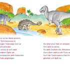 Text beschreibt Dinosaurier am Fluss. Illustration zeigt Triceratops, Ankylosaurus und Tyrannosaurus in einer Landschaft.
