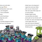 Links Text über Dorfbewohner und Zombies, rechts Gespräch über Sonnenaufgang. Unten Illustration mit Zombies und Cartoon-Figur.