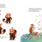 Ein roter Panda zeigt verschiedene Wutphasen. Er stampft und schreit, während bunte Formen in der Luft schweben. Ein Tier sieht zu.