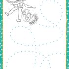 „Zeichne den Flugweg der kleinen Hexe nach.“ Illustration: Hexe mit Katze auf Besen, gepunktete Linie zum Nachzeichnen.