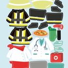 Illustration von Berufsbekleidung: Feuerwehr, Koch, Arzt. Helme, Jacken, Stethoskop, Pizza, Handschuh, Werkzeuge, Notfallkoffer.