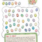 "Bald ist Ostern! Conni kann es kaum erwarten. Sie fängt an, ein paar Ostereier zu bemalen. Entdeckst du diese Eier?" Ein Mädchen malt Ostereier.