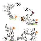 Oben steht: "Die Spielerinnen und Spieler sollen im Training einen Fallrückzieher üben. Wer macht es richtig?" 

Es folgt eine Illustrationsreihe. Links oben ein Spieler beim Kicken, oben rechts einer beim Fallrückzieher. Unten links ein Kopfstand und unten rechts zwei Spieler im Lauf.