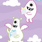 Text: "Die Monster-Familie ist auf dem Weg zur Monster-Party. Klebe die Geschenke und Hüte auf." Illustration: Zwei bunte Monster mit Geschenken vor lilafarbenem Hintergrund mit Wolken.