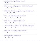 Quiz mit acht Fragen und Lückentexten. Fragen beziehen sich auf Figuren, Orte und Gegenstände. Notiz unten.