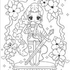 Eine süße, stilisierte Figur mit Mikrofon und Schwert, umgeben von Blumen und Herzen. Verspielte und detaillierte Konturen.