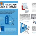 "Nachnamen findest du überall!" Ein Fuchs sagt: "Also ich finde überall Nüsse..." Illustrationen von Kindern und Alltagsszenen.
