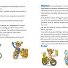 Seite mit Text über Jump, Lexi, Rennen und Clubhaus. Illustration zeigt fröhliche Figuren auf bunten Fahrrädern.