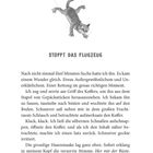 STOPPT DAS FLUGZEUG. Illustration: Katze fällt. Text erzählt von Koffern und einer gruseligen Hasenmaske. Seite 261.