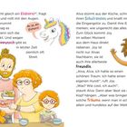 Eine Illustration: Ein Gespräch über ein Einhorn und einen Hund. Ein Kind sitzt am Tisch, ein anderes mit Ranzen steht daneben.