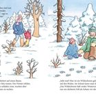 Texte: "Greta und die Kleinen Füchse sind mit dem Förster im Wald verabredet." Illustration: Winterwald mit Kindern.