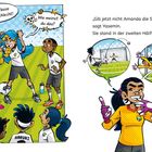 Links diskutieren Kinder in Fußballtrikots, rechts verteidigt ein Mädchen im Tor. Comics mit Sprechblasen.
