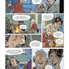 Comic-Illustration mit zwei älteren Männern und einer Frau im Gespräch über verschwundene Personen und Kommunismus.