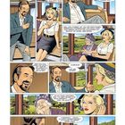 Comic-Panel: Drei Personen sprechen in einem Zug über eine Einladung auf eine Insel für Arbeit. Eine Frau trägt einen Hut.