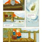 Ein Junge erkundet allein die Ufer und fischt. Er schaut vom Steg ins Wasser. Illustration.