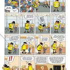 Ein Junge ruft: "HILF MIR, ONKELCHEN!" Eine gelbe Figur hilft ihm. Sie diskutieren über Fußball und Unfälle auf einem Feld.