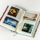 Textausschnitte zu Gemälden: reisende Männer am Tisch, Eisberge im Meer, Landschaft mit Palmen; beige Lesezeichen im Buch.