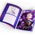 "Lerne mithilfe des Rasters, wie man Rumi zeichnet!" Links Rasterzeichnung, rechts farbige Illustration einer Figur.