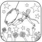 Frau mit Zopf schwingt an einem Trapez, umgeben von Sternen. Unten jubelnde Hände mit runden Objekten. Illustration.