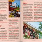 Texte: "Wohin zum ... Einkaufen?", "Wohin zum ... Ausgehen?". Bilder zeigen ein modernes Gebäude "Theater" und ein Mural mit Menschen.