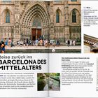 "Reise zurück ins Barcelona des Mittelalters." Großes gotisches Gebäude mit vielen Menschen davor, Details und Tipps rechts.