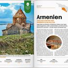 "Armenien", "Herrliche Klöster und unverwüstliche Kultur". Links: Kirche am See. Rechts: Text über Kulturerbe und Landschaft.