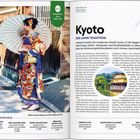 Text: "Übernachten", "Wie viel kostet eine Nacht in…", "Ryokan", "Tempel-Lodge", "Kapselhotels", "In einem ryokan übernachten".

Beschreibung: Zwei Buchseiten, links Text und rechts ein Foto eines Zimmers.