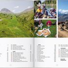 Inhalt: Fahrradreisen weltweit. Links: Radfahrer in grüner Landschaft. Rechts: Radgruppe, Mahlzeit, Berglandschaft.