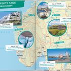 5 perfekte Tage in Südnorwegen: Oslo – Wandern, Baden. Lillehammer – Natur erleben. Molde – Erkundungen. Geiranger – Weltnaturerbe. Lom – Gebirgsabenteuer. Karte zeigt Routen.