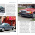 Titel: "MERCEDES-BENZ W 124". Linke Seite: Text über 300 E-24, Foto von grauem Auto, Chinatown-Geschäft mit rotem Schild. Rechte Seite: Rotes Coupé, Text über Design und Farben. Seitenzahlen: 48, 49.