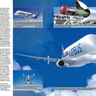 "Die Giganten" beschreibt Airbus Beluga-Flugzeuge. Bilder zeigen Flugzeuge beim Transport großer Teile und im Flug.