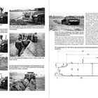 Das Bild enthält sechs Schwarz-Weiß-Fotos von einem Panzer mit Pflug. Text beschreibt die Pflugvorbereitung und Grabenarbeiten. Rechts sind technische Zeichnungen und Details zur Panzerkonstruktion.