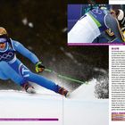 "Skifahrerin in blau mit 'IT' auf Anzug, Olympia-Logo. Zweite, enttäuschte Skifahrerin. Text über Super-G Rennen."