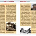 **2. Exkurs: Ebenerdig, Turm oder Container**  
**Stellwerke Magdeburger Bauart** - Beschreibung der Bauweise, Materialien und typische Gestaltungselemente.  
Fotos von Stellwerken ergänzen den Text. Links ein altes Stellwerk in schwarz-weiß, rechts ein modernes Stellwerk und Zug.