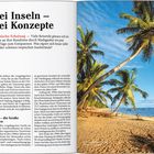 Text: Zwei Inseln – zwei Konzepte. Paradiesische Erholung. Bild: Strand mit Palmen, blauem Himmel und ruhigem Meer.