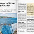 Seite 298: "»Woven in Wales«: Wolltextilien" und Einführung zu Wollwebereien. Bild zeigt fünf Personen in Decken am Meer.