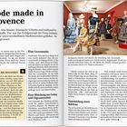 Seite zeigt Modemanufaktur Souleiado in Provence. Text beschreibt Tradition, Erfolg und Stil der Marke mit Kleidungspuppen.