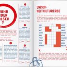 Titel: "Von bunten Kühen und alten Geistern". Untertitel beschreibt Österreichs Traditionen, inklusive Kuhwerfen. Links: Auflistung von Bräuchen wie "Ach du...", "Winter ade!", "Klein und bunt", "Vorsicht heiss!", "Hier vibriert die Luft". Rechts: "Mit Dankbarkeit ins Tal", "Ab in die Tiefe", "Lange Zungen und bedrohliche Hörner", "Pobacken zusammenkneifen, bitte!", "Das neue Jahr begrüßen". Lösungen: Almabtrieb, Blochziehen, Christbaumtauchen, Eierkratzen, Faschingslauf, Kuhfladenweitwurf, Perchtenlauf, Schnalzen zum Erntedank, Sonnwendfeuer. Illustration: Kühe.