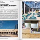 "ABU DHABI CHILDREN'S LIBRARY" in fetten Buchstaben. Kinder spielen auf Buchstaben, ein modernes Gebäude, gemütliche Leseecken.