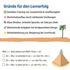**Gründe für den Lernerfolg**: Training, Wortschatz, Struktur, Aufgaben, Sticker. Pyramide mit Palme. Satz ankreuzen.
