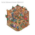 "In der Weihnachtsmann-Werkstatt" steht oben. Fröhliche Elfen basteln und verpacken Geschenke in einer gemütlichen Werkstatt.