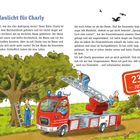 Titel: "Blaulicht für Charly". Datum: "23. Juni". Ein rotes Feuerwehrauto mit Leiter, Feuerwehrmänner retten Katze vom Baum.