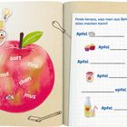 Links steht "Brat", "Saft", "fins". Rechts: Aufgaben zu Apfelprodukten mit Bildern von Eis, Kuchen, Marmelade, Saft.