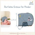 "Perfekte Größe für Kinder" und "ca. 16 cm" mit einer Illustration eines lächelnden Elefanten und einem Baby, das ihn hält.