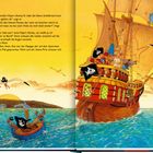 Ein Piratenschiff segelt auf blauem Meer unter gelbem Himmel. Tiere begleiten die Szene fröhlich, ein Papagei sitzt oben.
