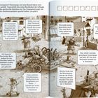 Es enthält Sprechblasen mit Rätseln, eine Marktszene mit Personen, Ständen, einem Karren voller Gegenstände und einem Esel.