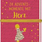 „24 Advents-Momente mit Herz“ in gelber Schrift auf rotem Hintergrund mit goldenen Sternen und einer Kinderfigur, die ein Herz hält.