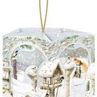 Sechseckige Schneeszene mit Vögeln, Eichhörnchen und Tannen, verziert mit goldenen Sternen.