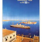 "Billige Mittelmeerreisen 1936, Hamburg-Süd von R.M. 180 an." Darstellung eines Kreuzfahrtschiffs im Hafen.